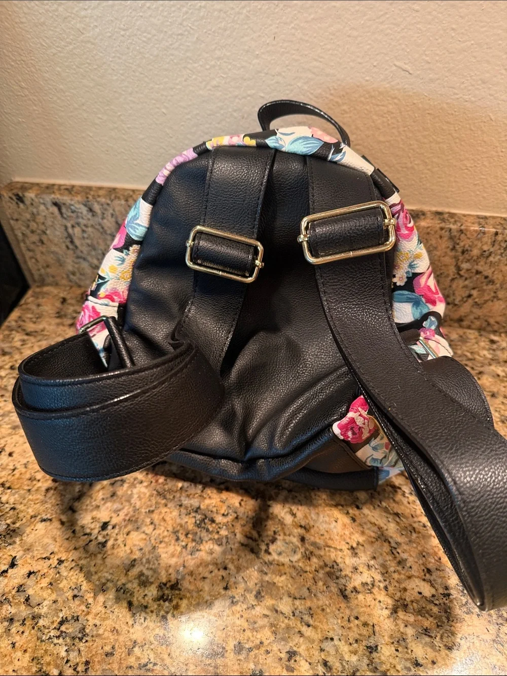 Betsey Johnson Black & White Striped Mini Backpack with Pink Floral Print